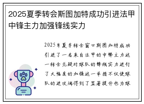 2025夏季转会斯图加特成功引进法甲中锋主力加强锋线实力 2025夏季转会斯图加特成功引进法甲中锋主力加强锋线实力