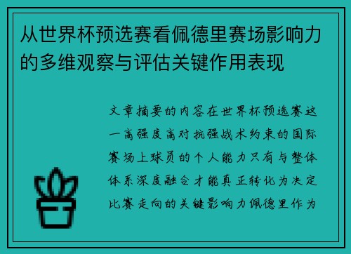从世界杯预选赛看佩德里赛场影响力的多维观察与评估关键作用表现 从世界杯预选赛看佩德里赛场影响力的多维观察与评估关键作用表现