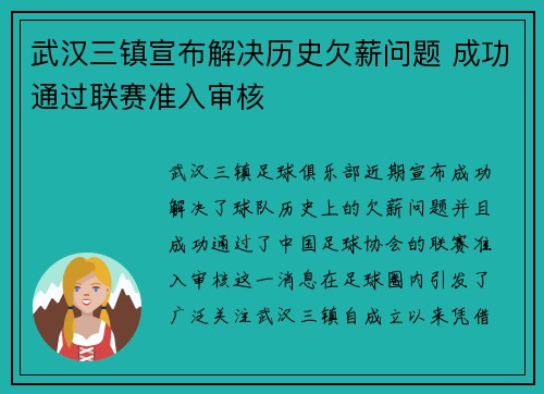 武汉三镇宣布解决历史欠薪问题 成功通过联赛准入审核